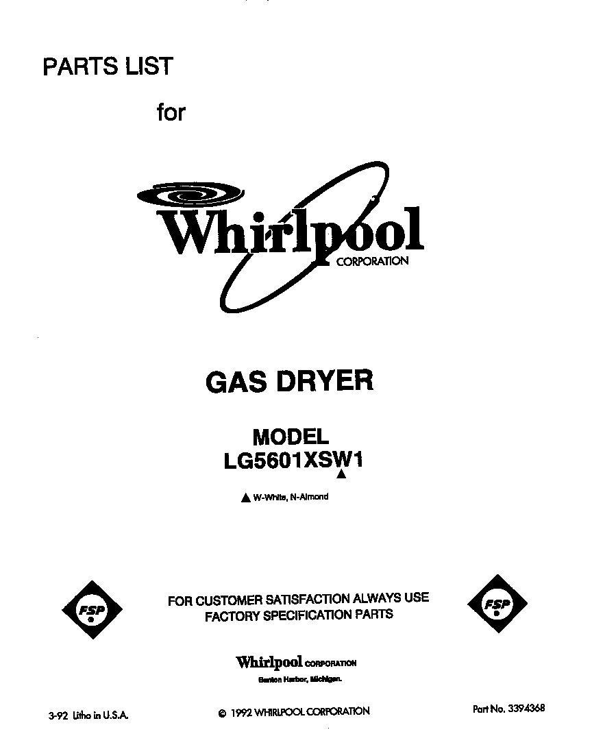 Whirlpool LG5601XSW1 front cover diagram