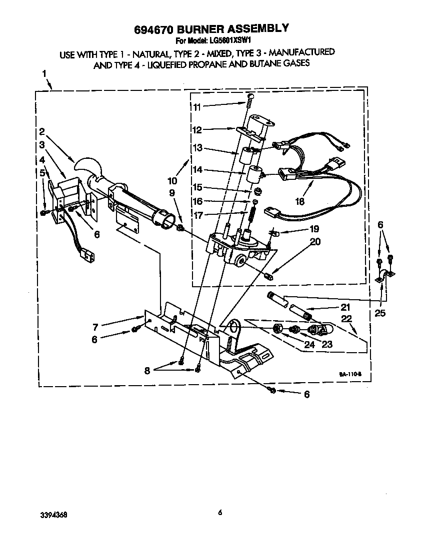 Whirlpool LG5601XSW1 694670 burner assembly diagram