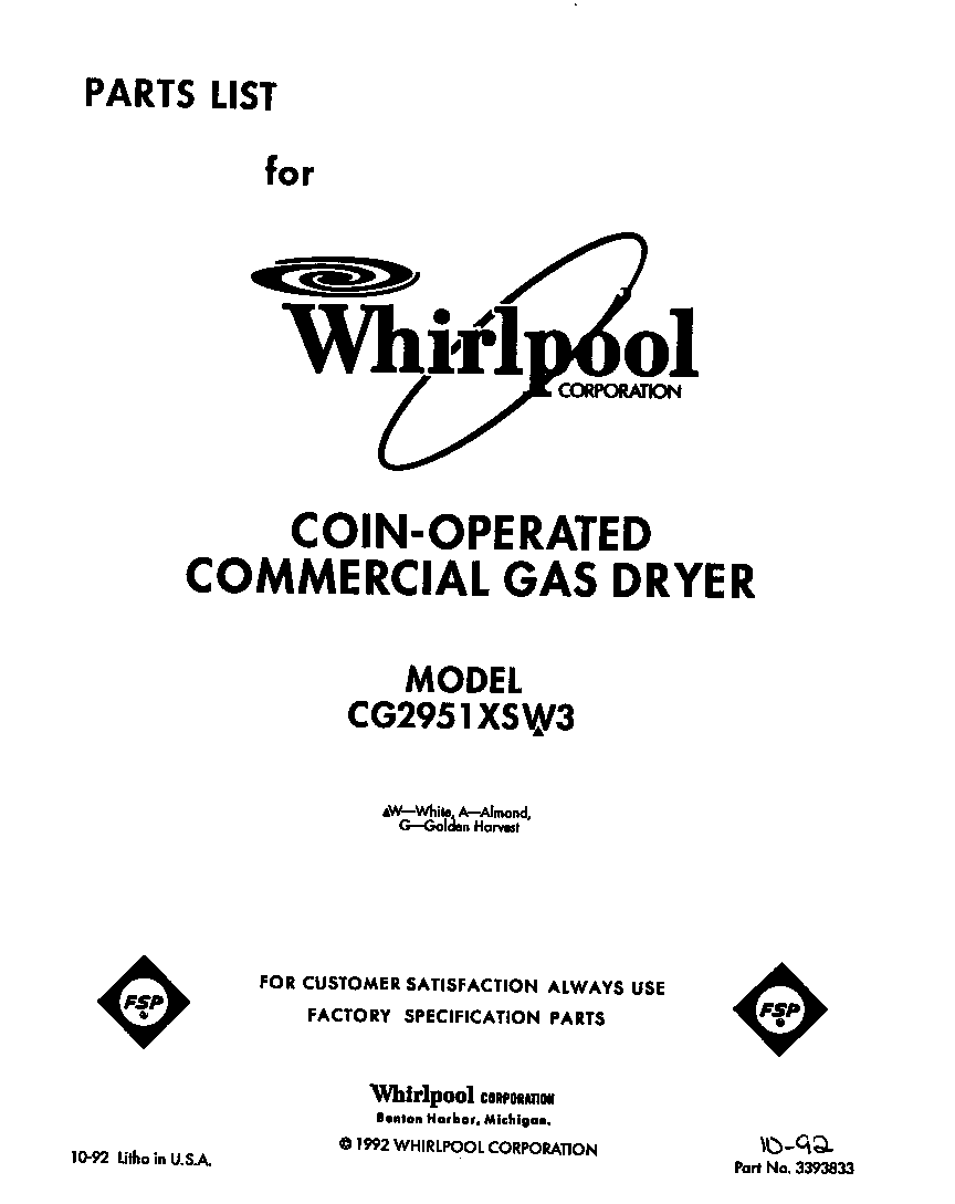 Whirlpool CG2951XSW3 front cover diagram