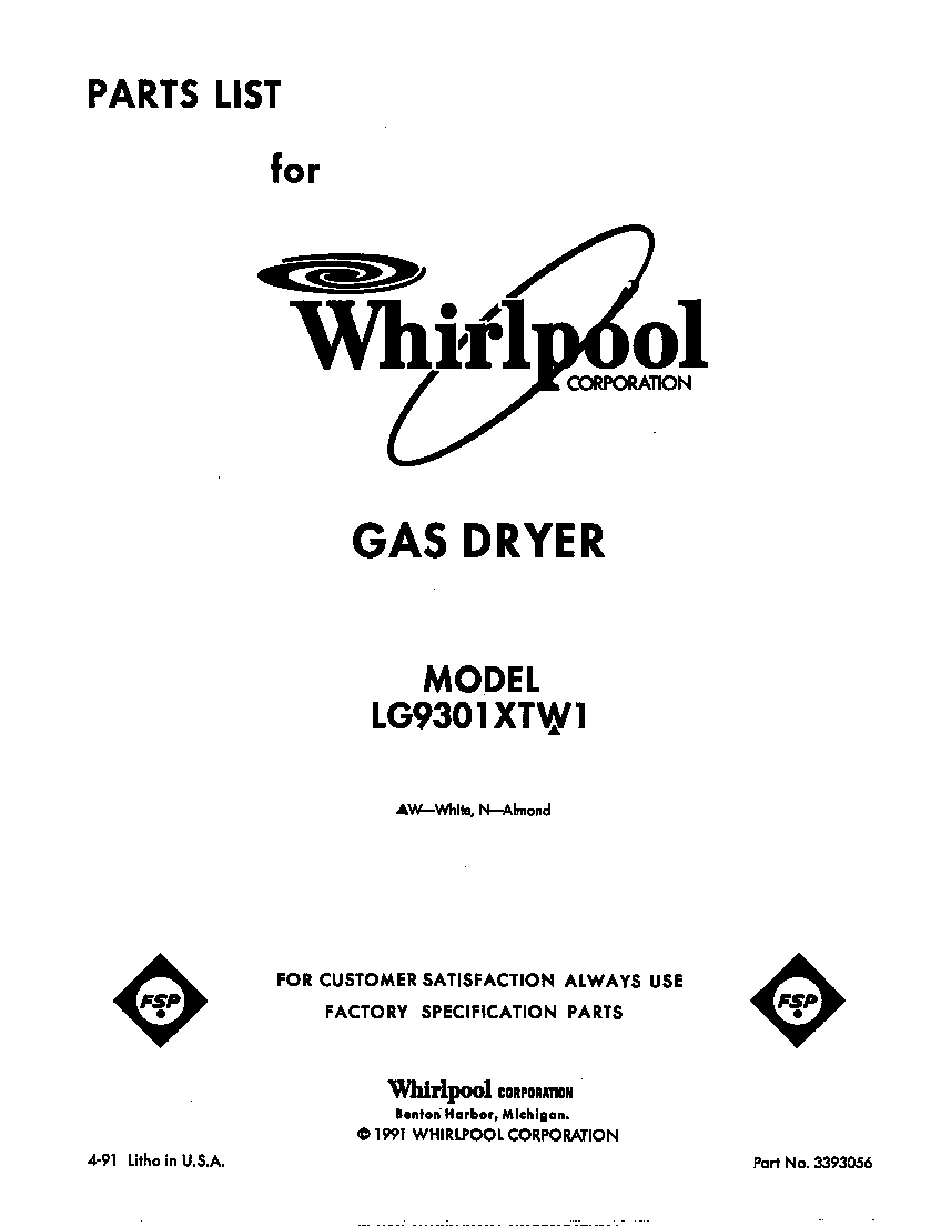 Whirlpool LG9301XTW1 front cover diagram