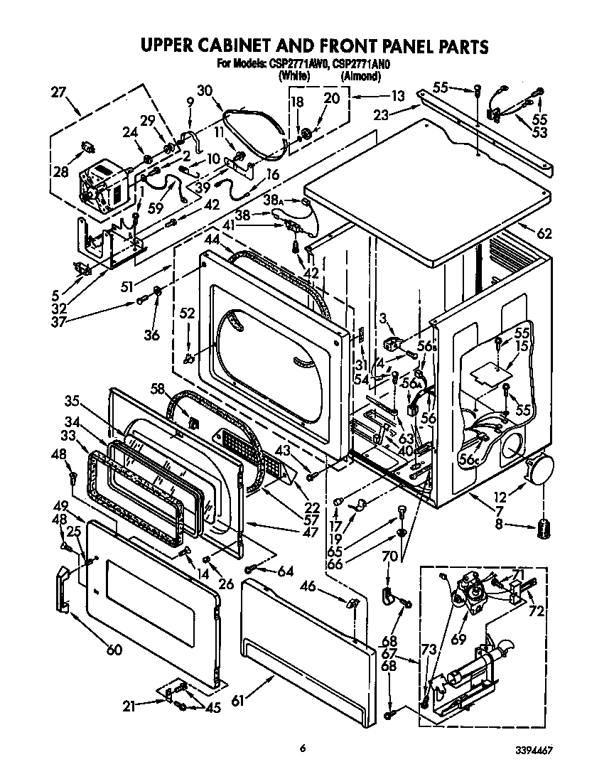 Whirlpool CSP2771AW0 upper cabinet and front panel diagram