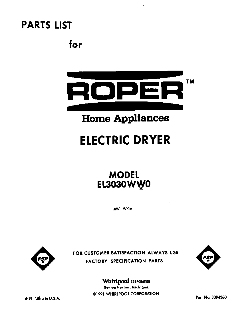 Roper EL3030WW0 null diagram