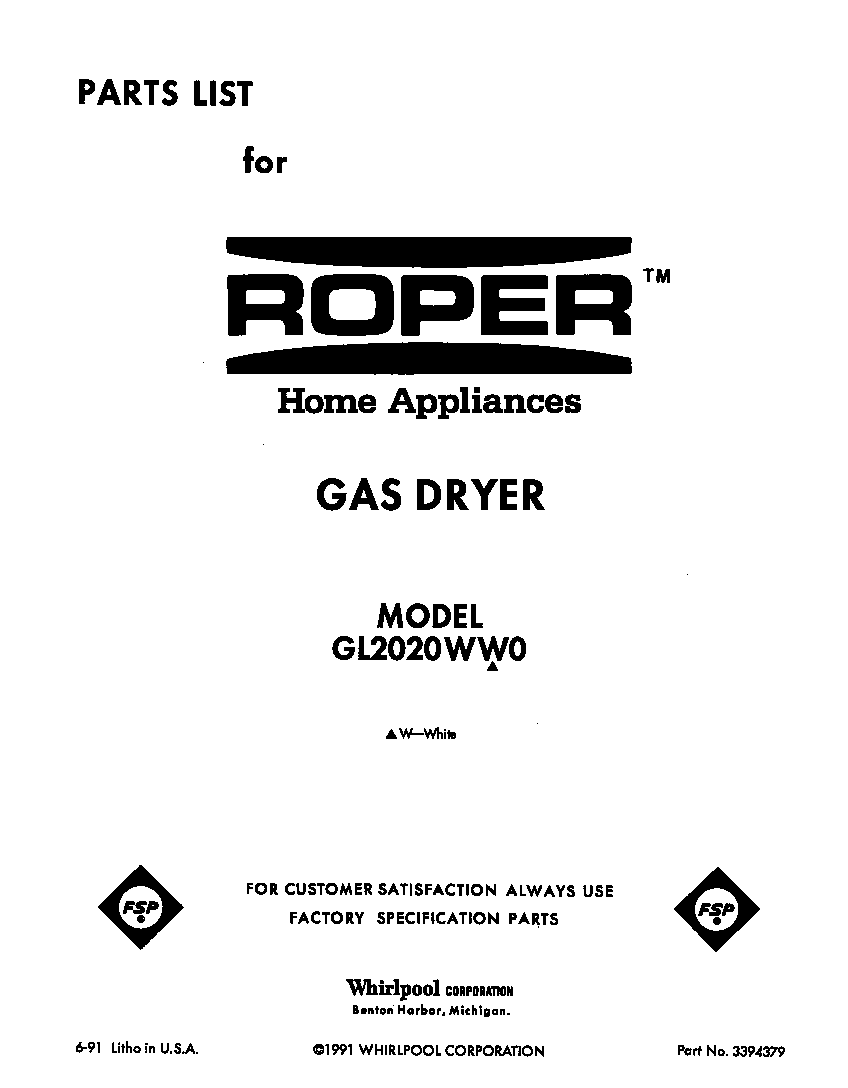 Roper GL2020WW0 front cover diagram