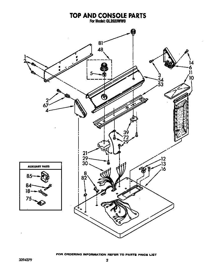 Roper GL2020WW0 top and console diagram