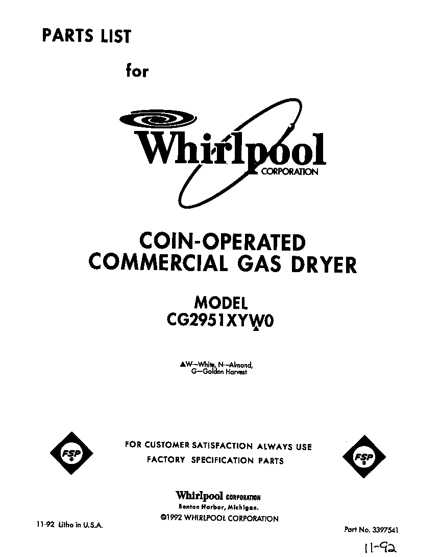 Whirlpool CG2951XYW0 front cover diagram