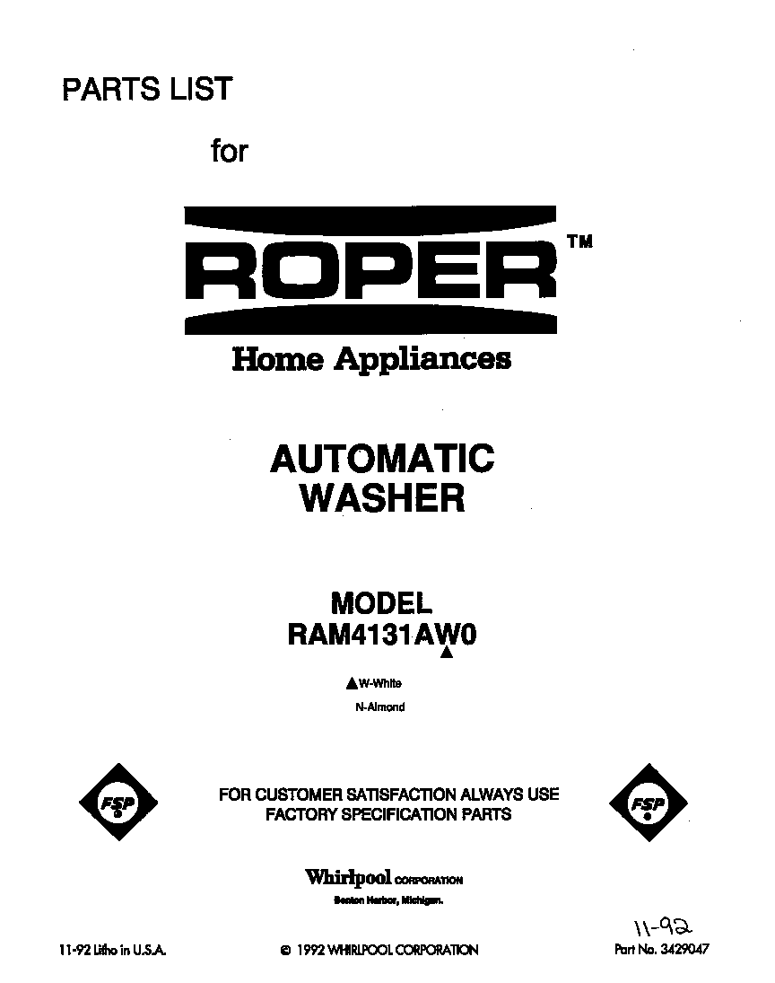 Roper RAM4131AW0 front cover diagram