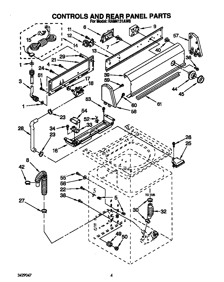 Roper RAM4131AW0 controls and rear panel diagram