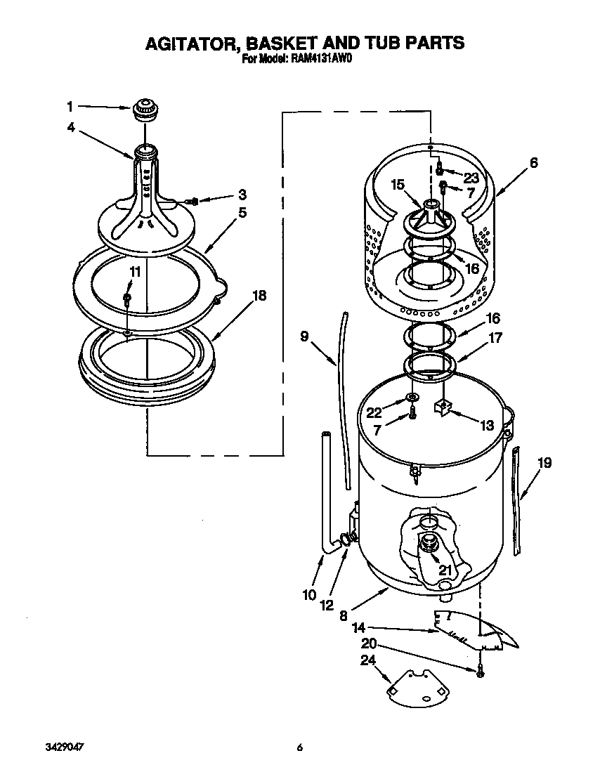Roper RAM4131AW0 agitator, basket and tub diagram