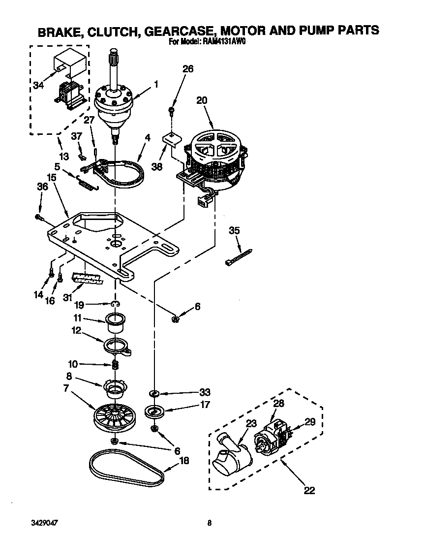 Roper RAM4131AW0 brake, clutch, gearcase, motor and pump diagram