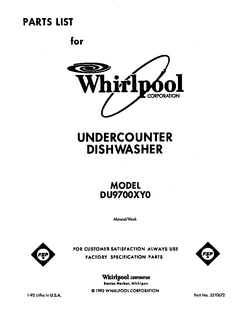 Whirlpool DU9700XY0 front cover diagram