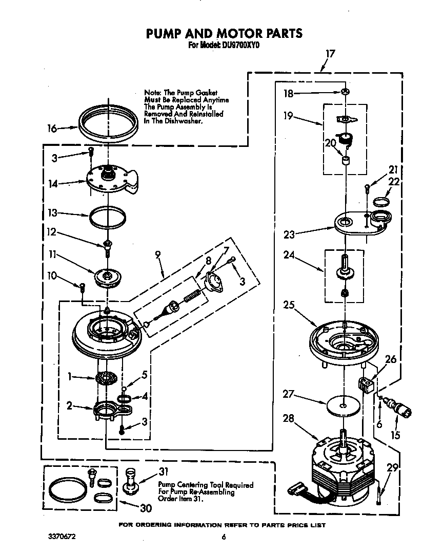 Whirlpool DU9700XY0 pump and motor diagram
