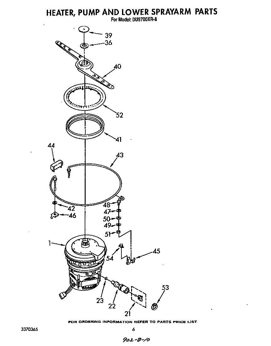 Whirlpool DU9700XR8 heater, pump, and lower sprayarm diagram