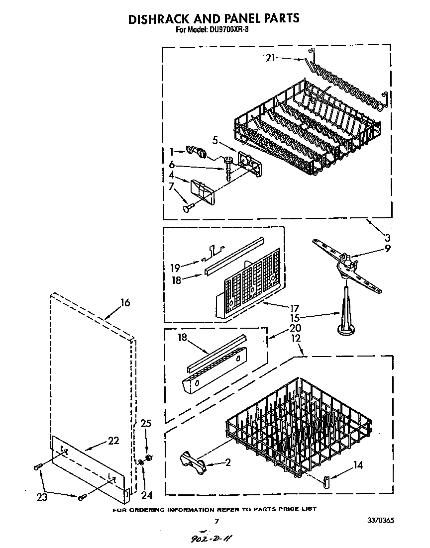 Whirlpool DU9700XR8 dishrack and panel diagram