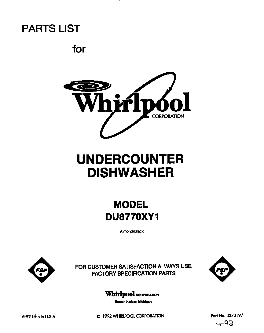 Whirlpool DU8770XY1 front cover diagram