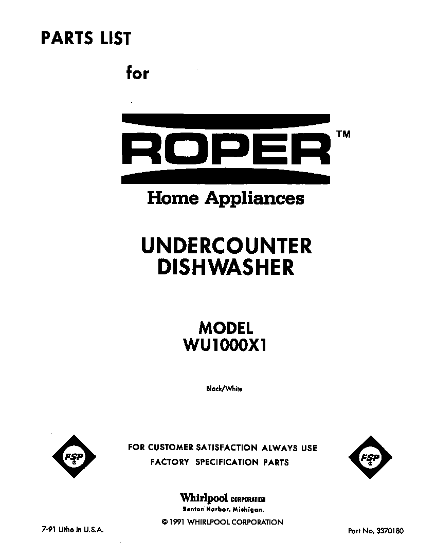 Roper WU1000X1 front cover diagram