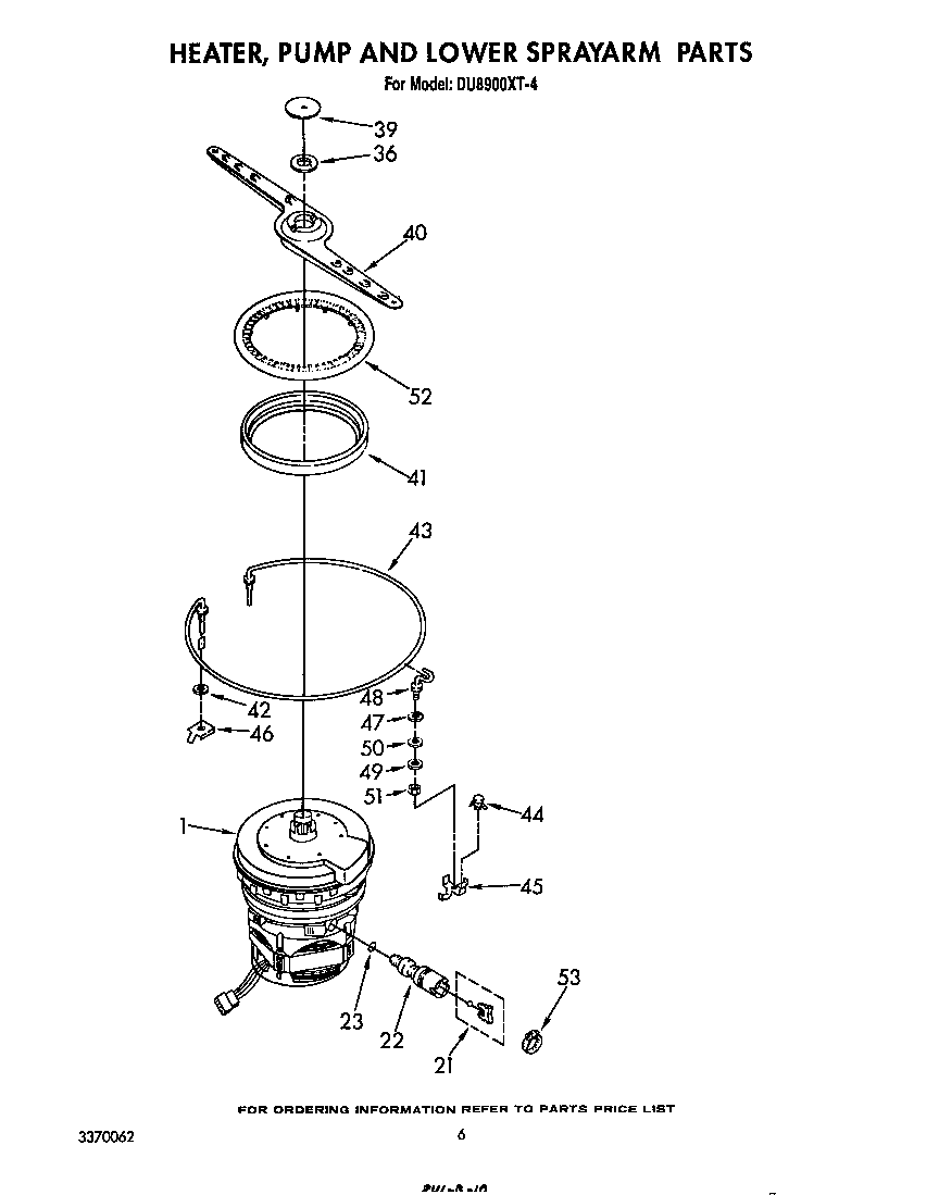 Whirlpool DU8900XT4 heater, pump and lower spray arm diagram