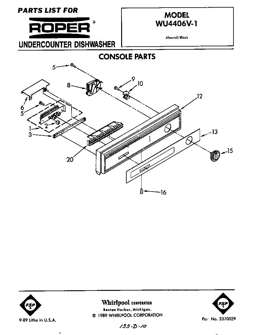 Roper WU4406V1 console diagram
