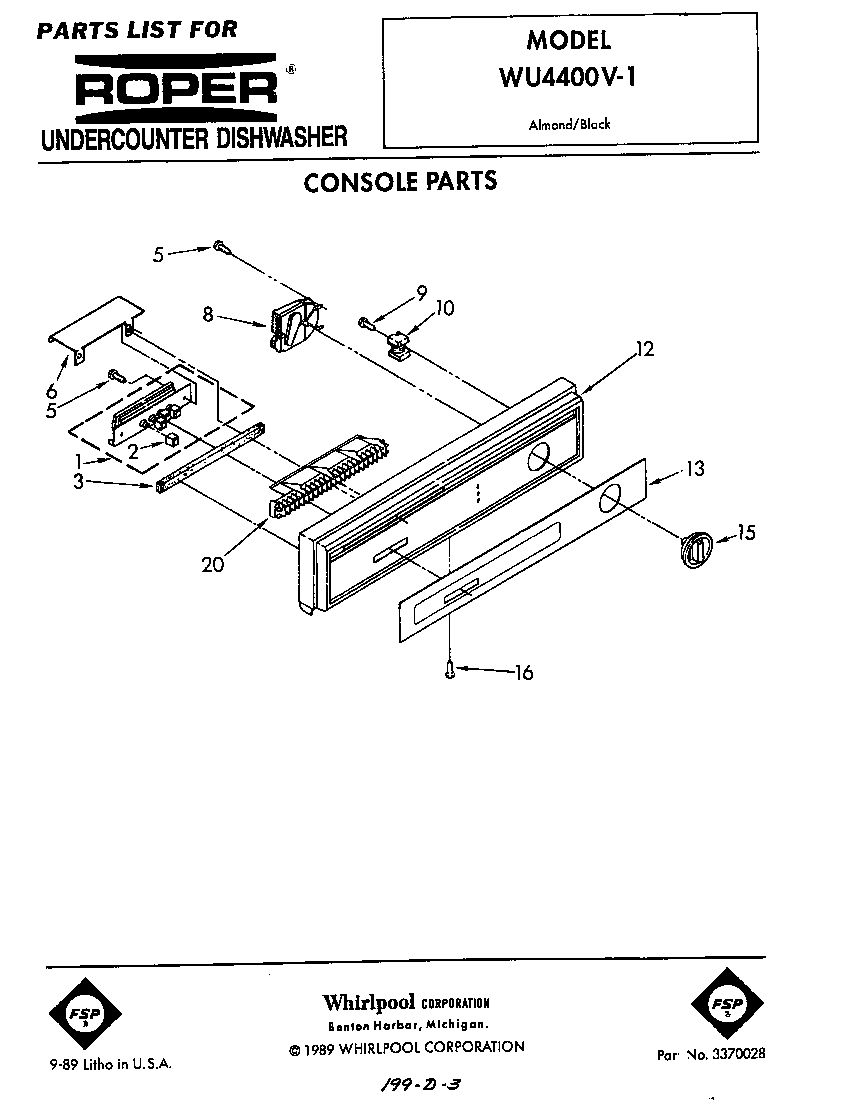 Roper WU4400V1 console diagram