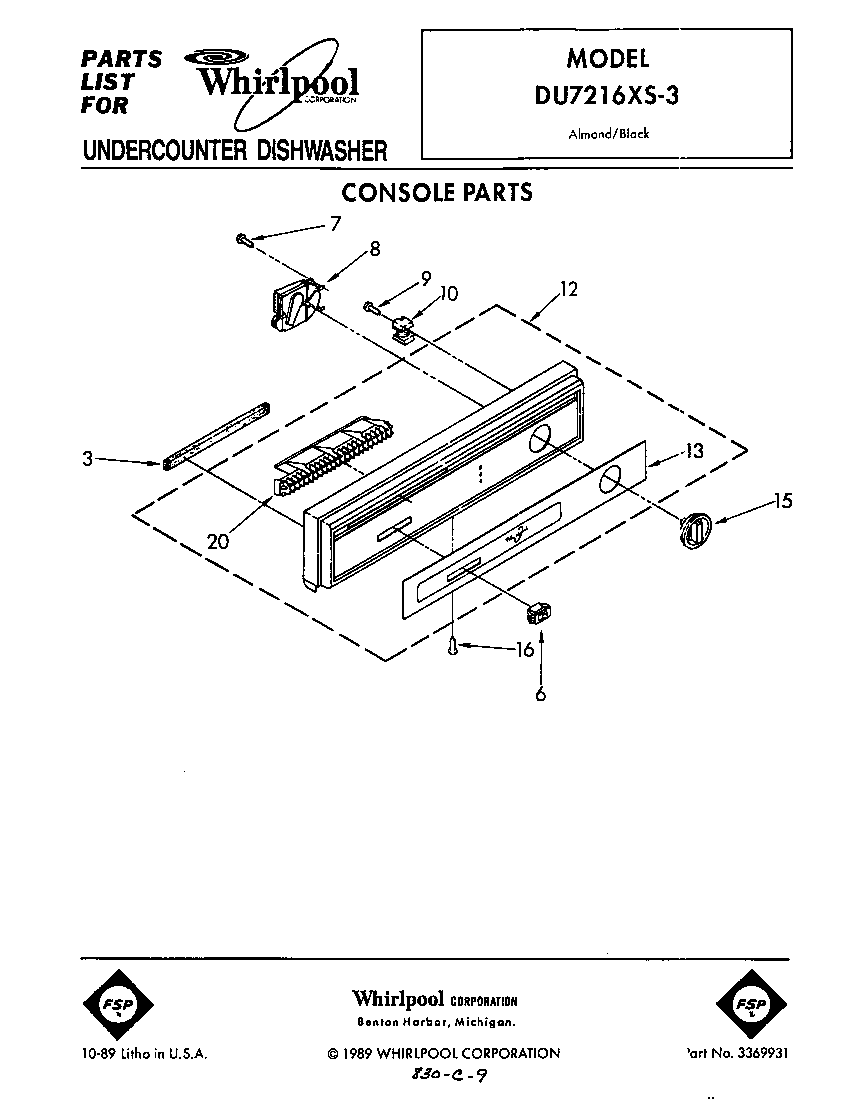 Whirlpool DU7216XS3 console diagram