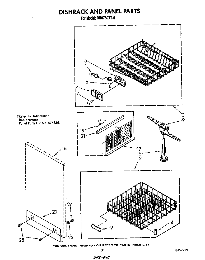 Whirlpool DU8750XT0 dishrack and panel diagram
