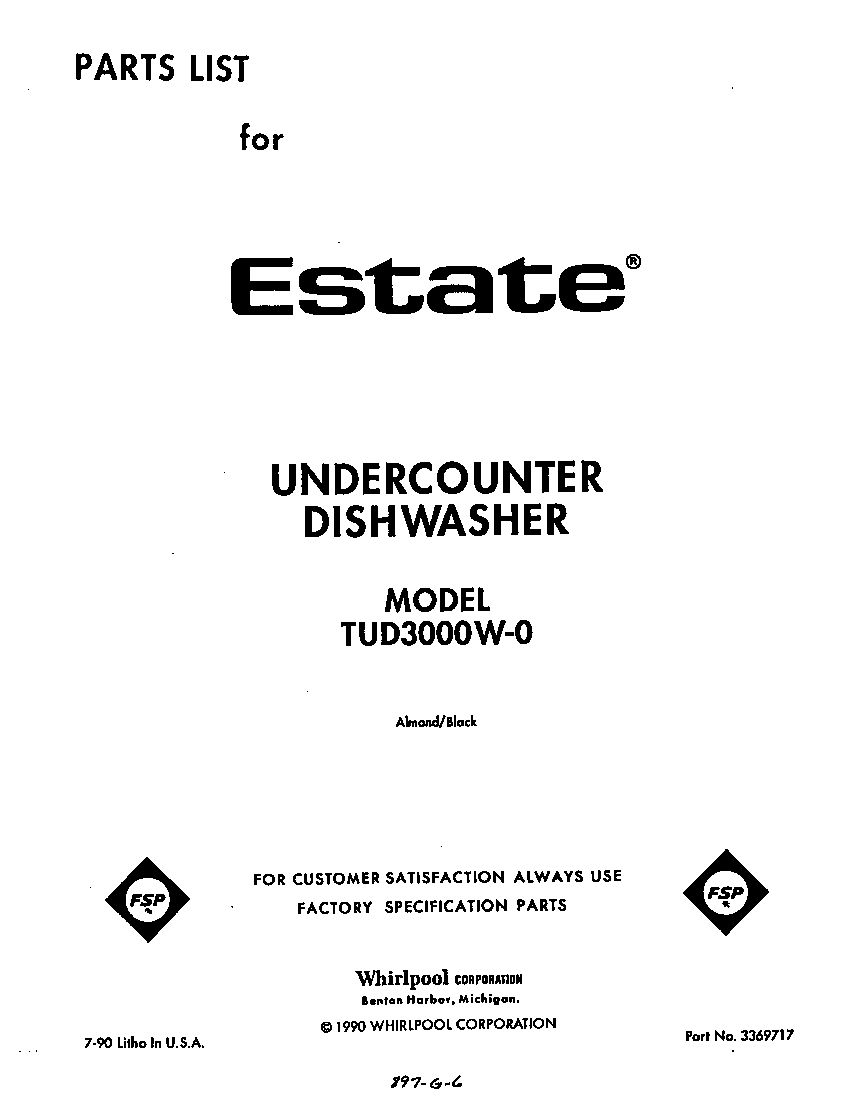 Whirlpool TUD3000W0 front cover diagram