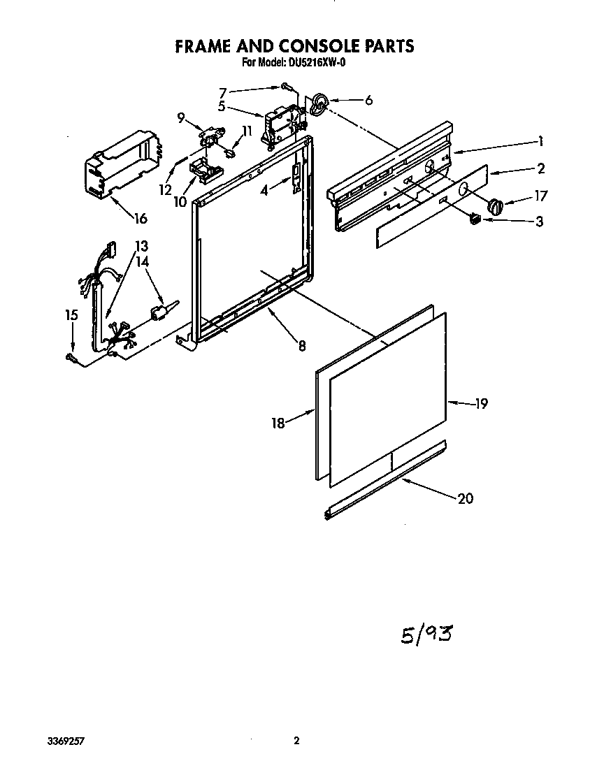 Whirlpool DU5216XW0 frame and console diagram