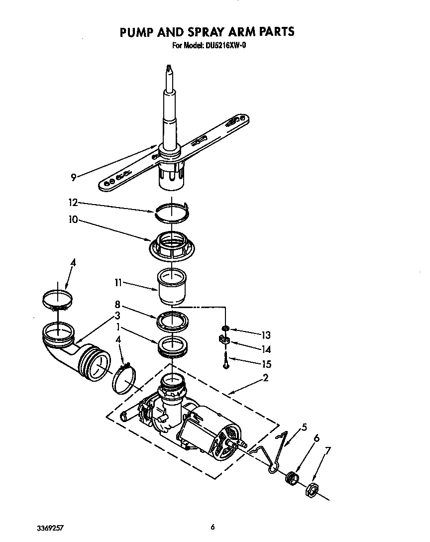 Whirlpool DU5216XW0 pump and spray arm diagram
