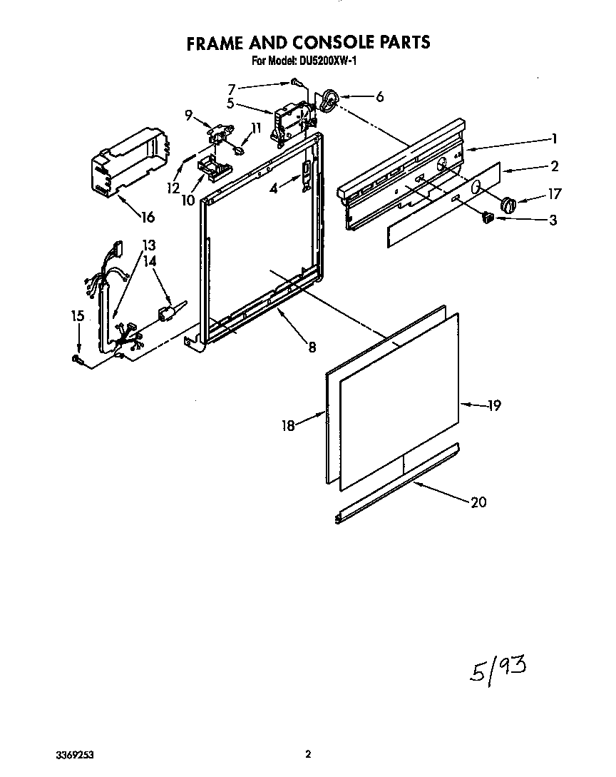 Whirlpool DU5200XW1 frame and console diagram