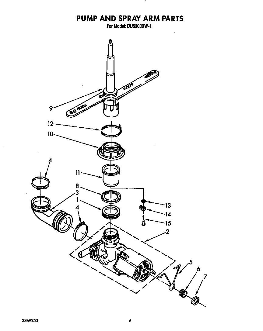 Whirlpool DU5200XW1 pump and spray arm diagram