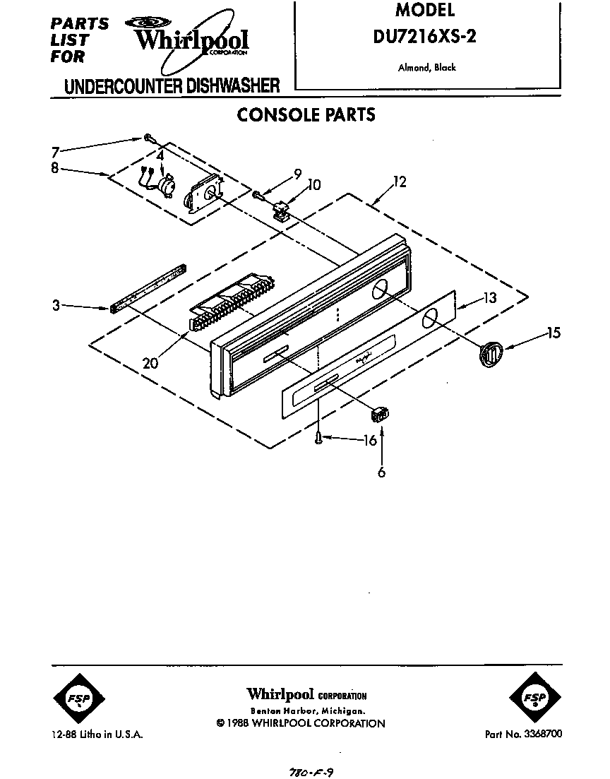 Whirlpool DU7216XS2 console diagram