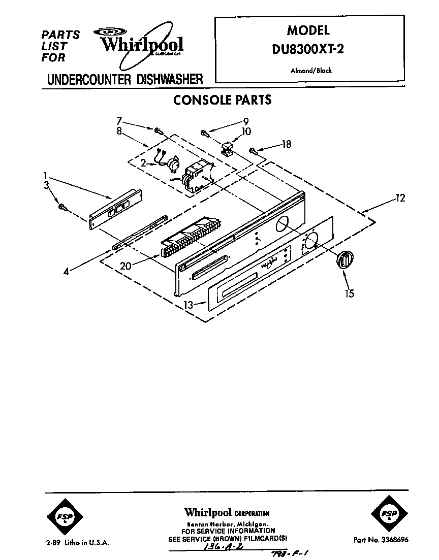 Whirlpool DU8300XT2 console diagram