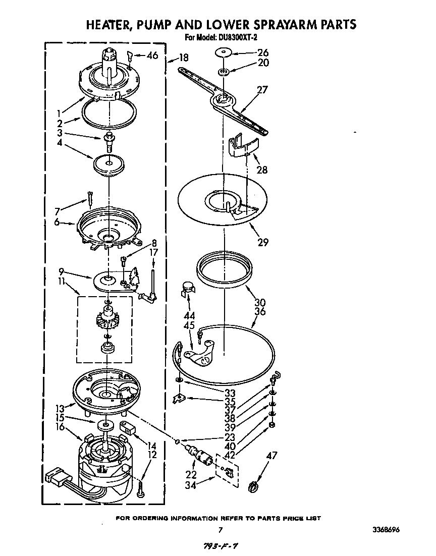 Whirlpool DU8300XT2 heater, pump and lower sprayarm diagram