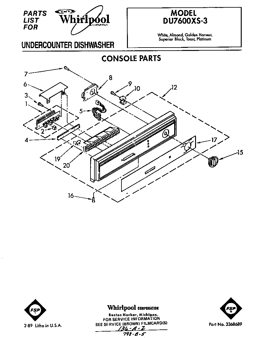 Whirlpool DU7600XS3 console diagram