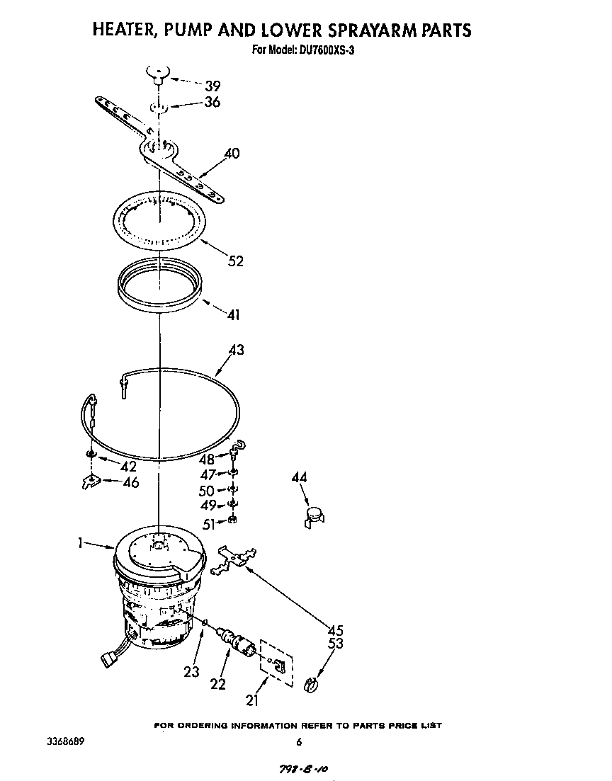 Whirlpool DU7600XS3 heater, pump, and lower spray arm diagram