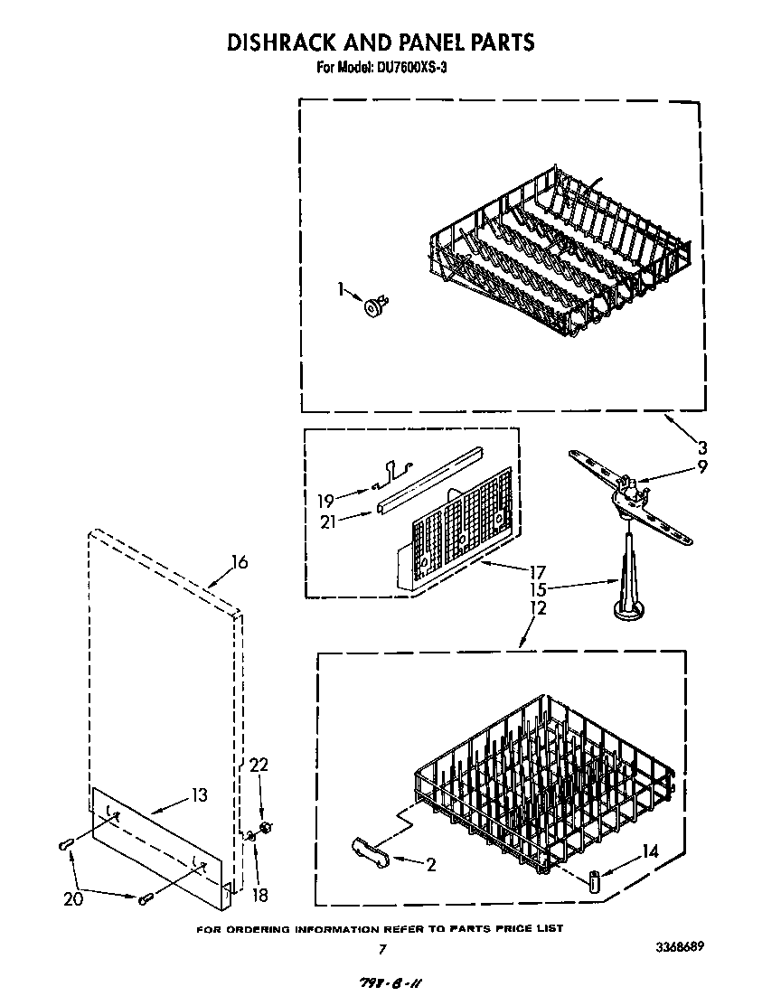 Whirlpool DU7600XS3 dishrack and panel diagram