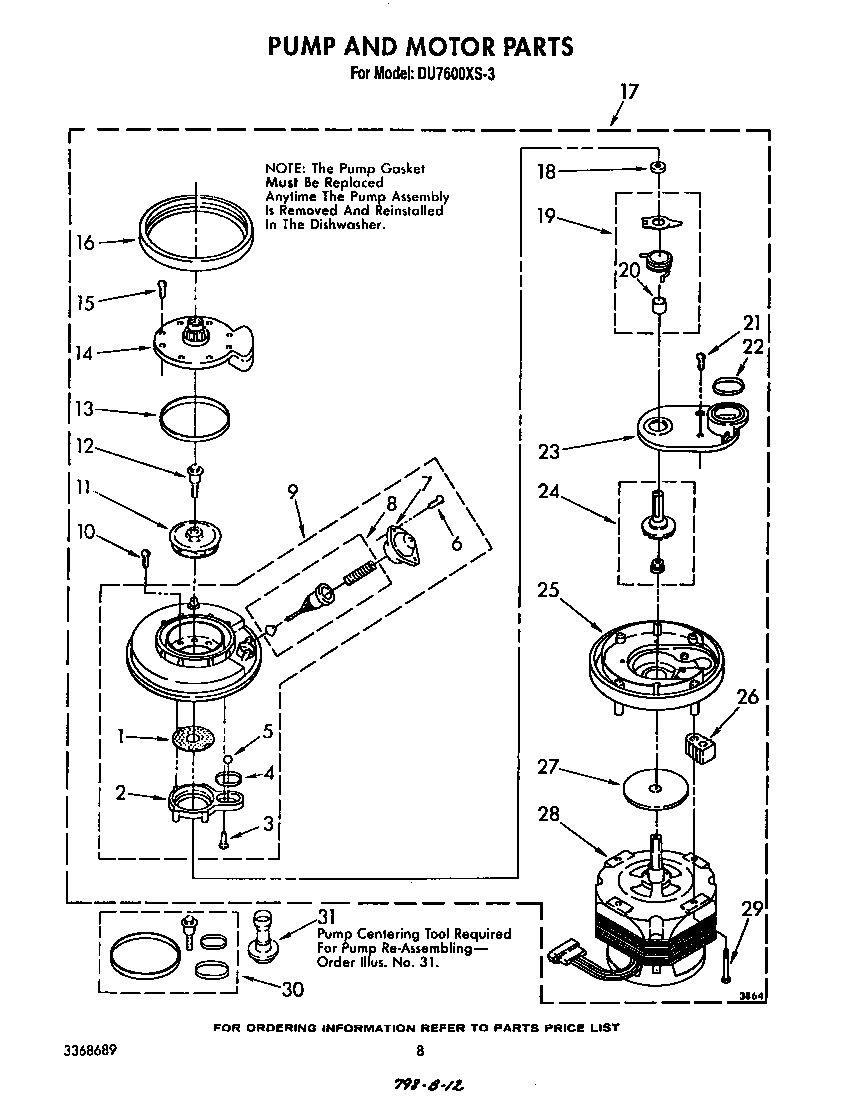 Whirlpool DU7600XS3 pump and motor diagram