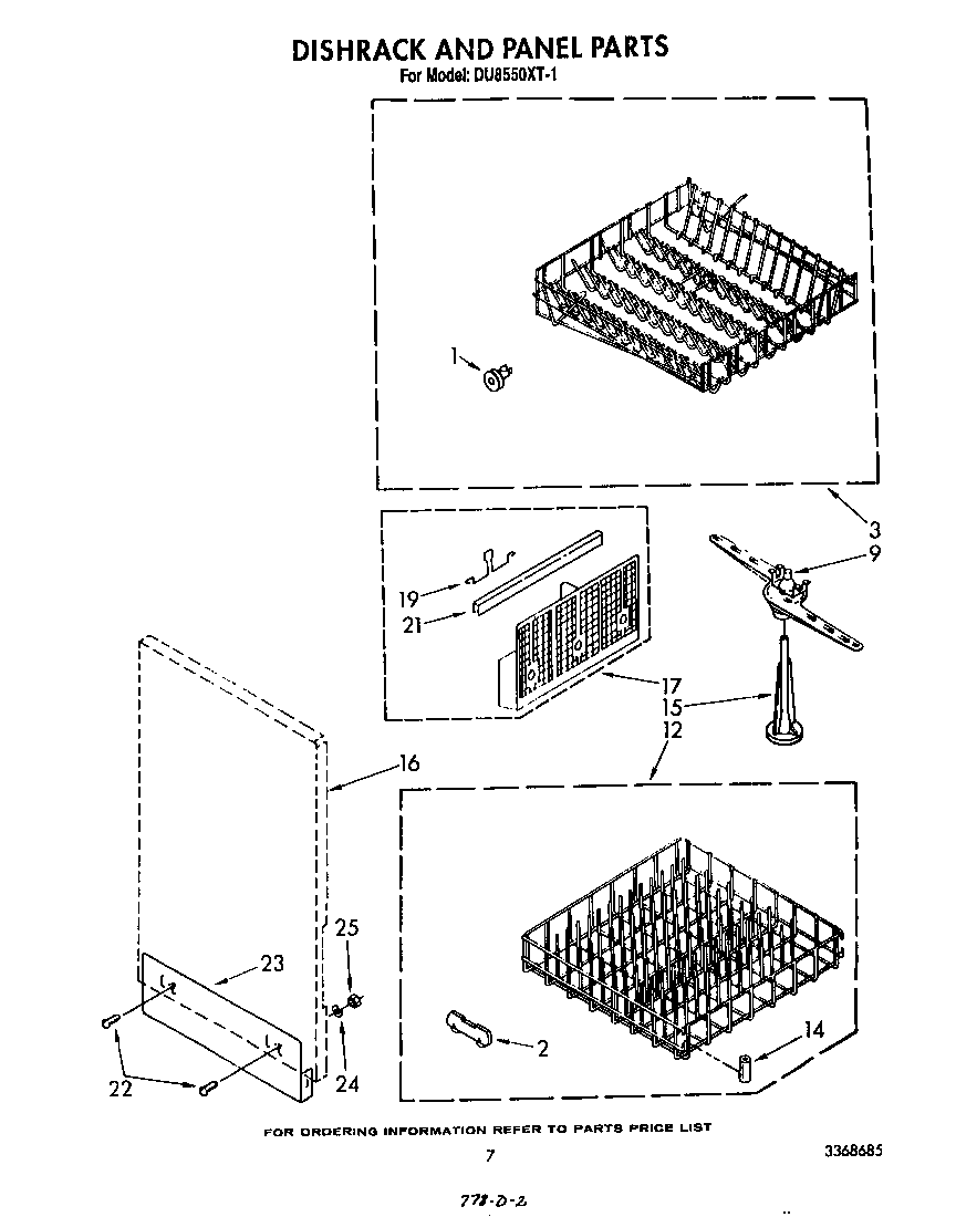 Whirlpool DU8550XT1 dishrack and panel diagram