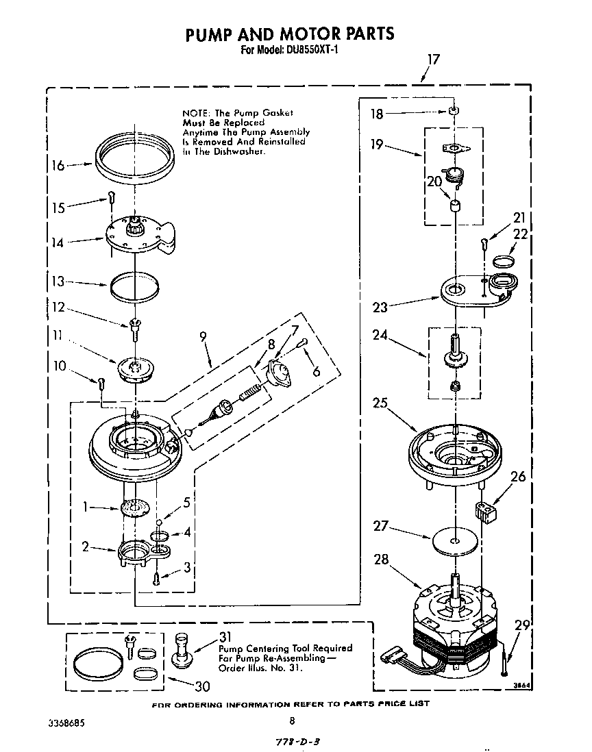 Whirlpool DU8550XT1 pump and motor diagram