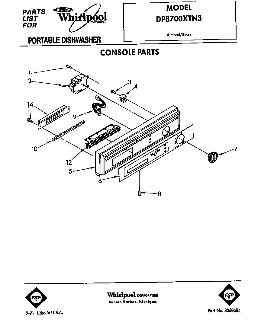 Whirlpool DP8700XTN3 console diagram
