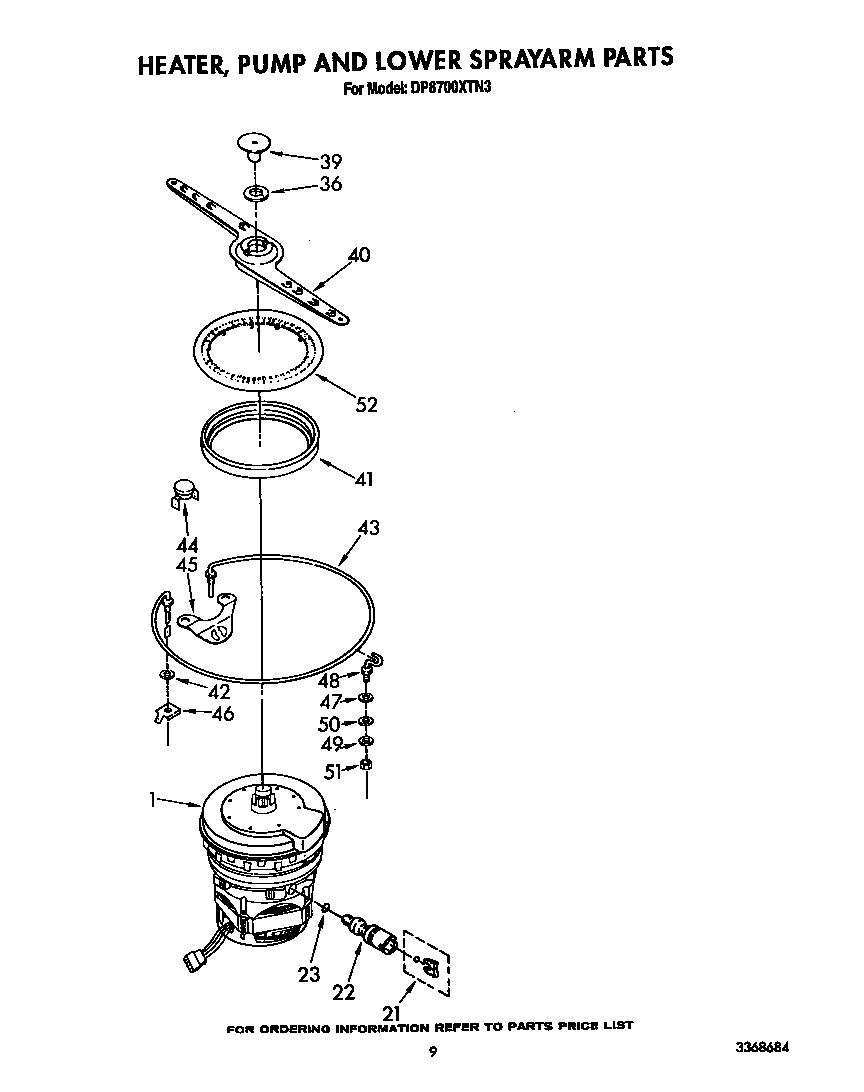 Whirlpool DP8700XTN3 heater, pump and lower sprayarm diagram