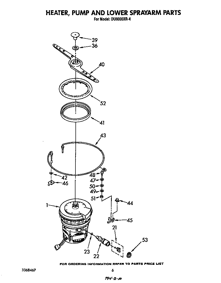 Whirlpool DU9000XR4 heater, pump and lower sprayarm diagram