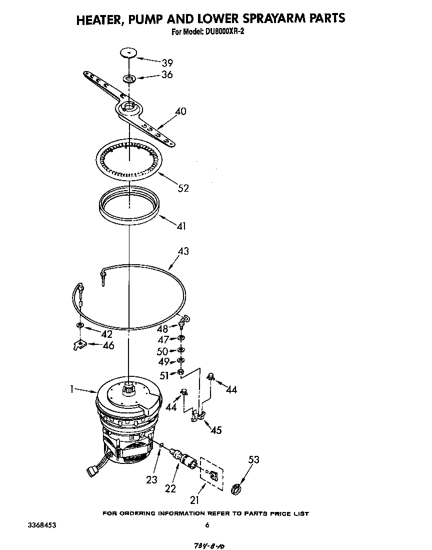 Whirlpool DU8000XR2 heater, pump and lower sprayarm diagram