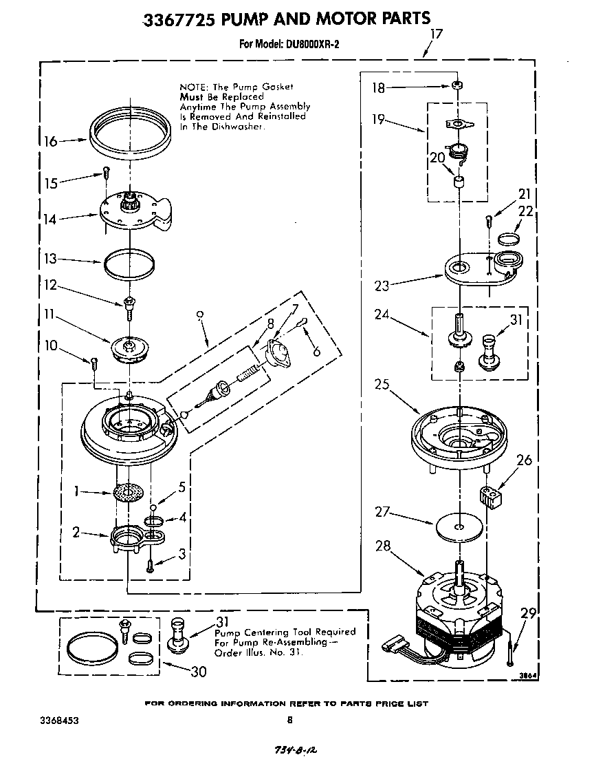 Whirlpool DU8000XR2 3367725 pump and motor diagram