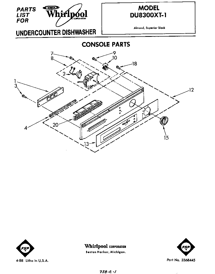 Whirlpool DU8300XT1 console diagram