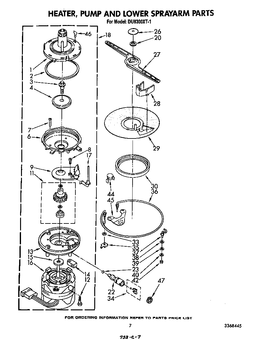 Whirlpool DU8300XT1 heater, pump and lower spray arm diagram