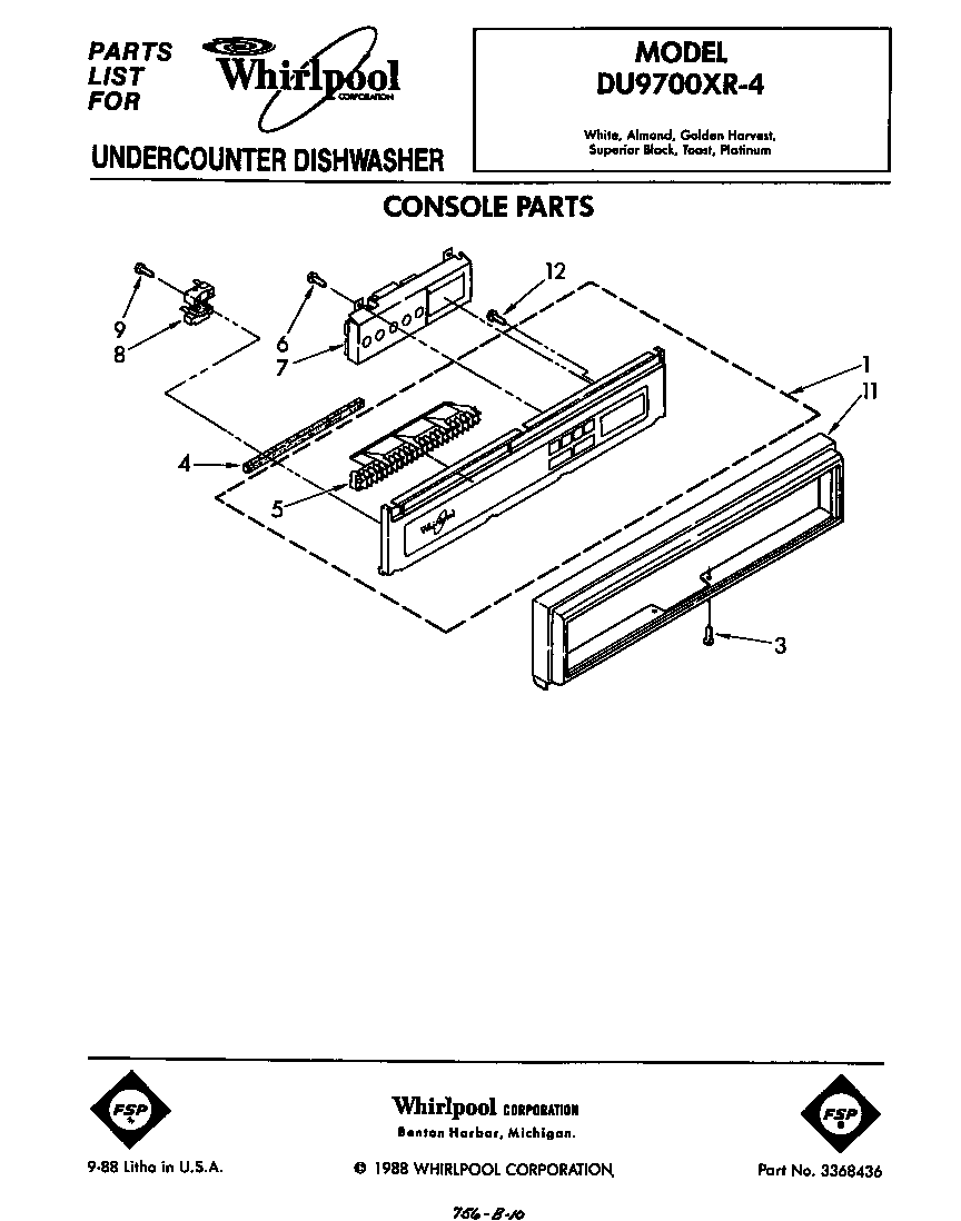 Whirlpool DU9700XR4 console diagram