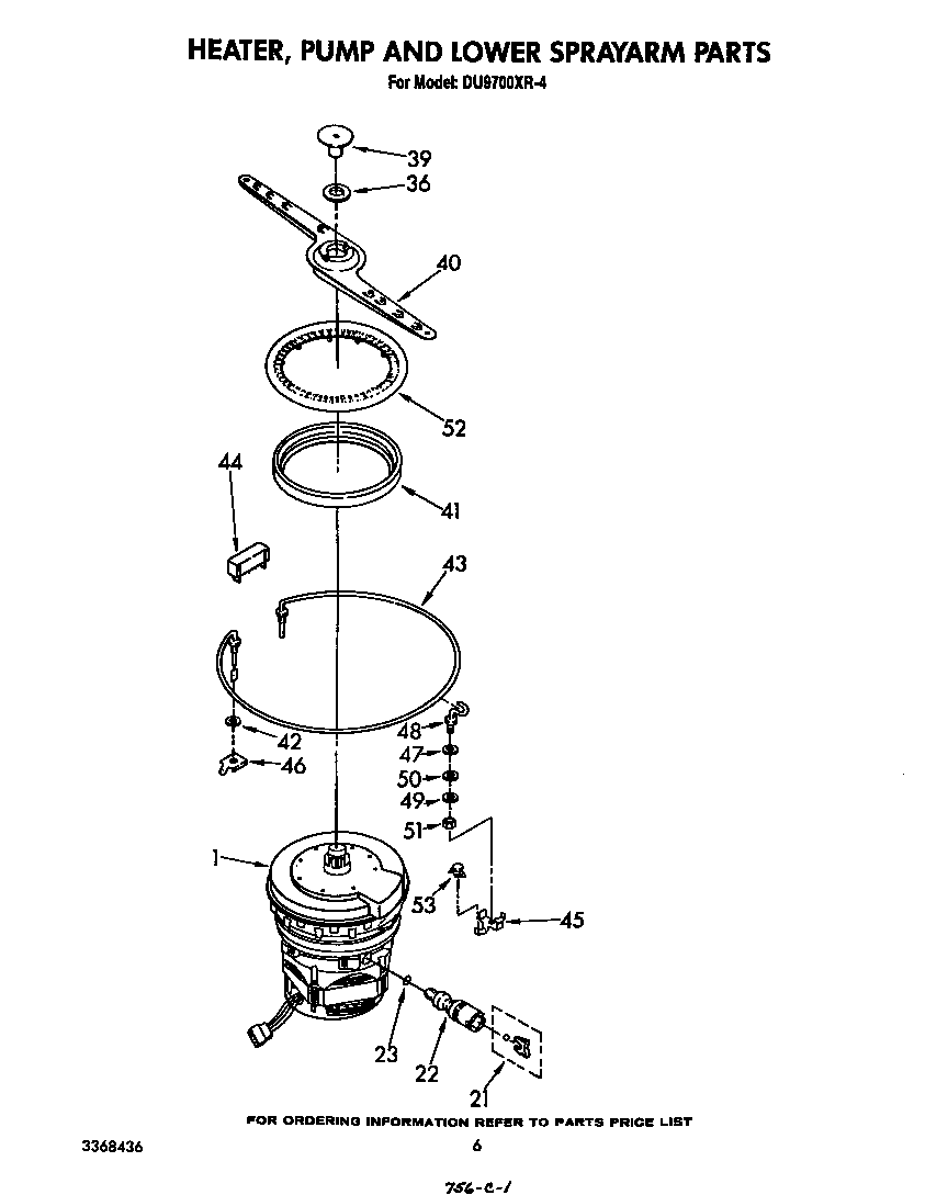 Whirlpool DU9700XR4 heater, pump and lower spray arm diagram