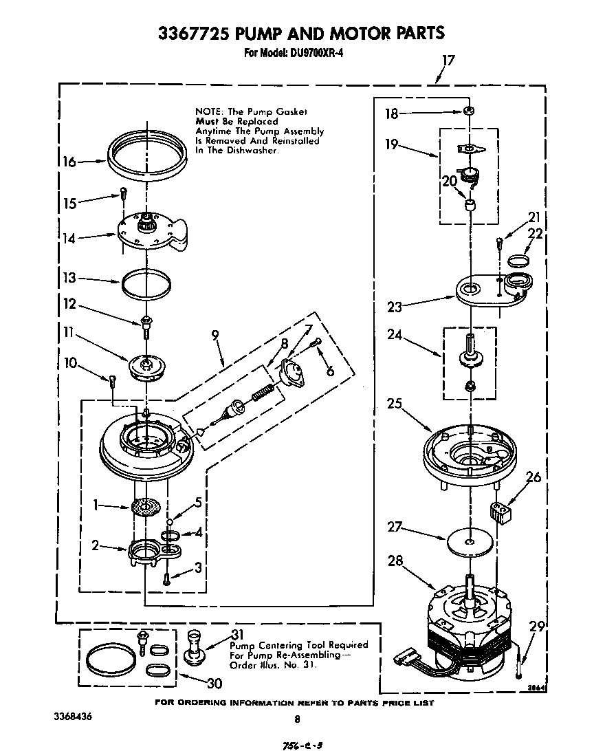 Whirlpool DU9700XR4 3367725 pump and motor diagram