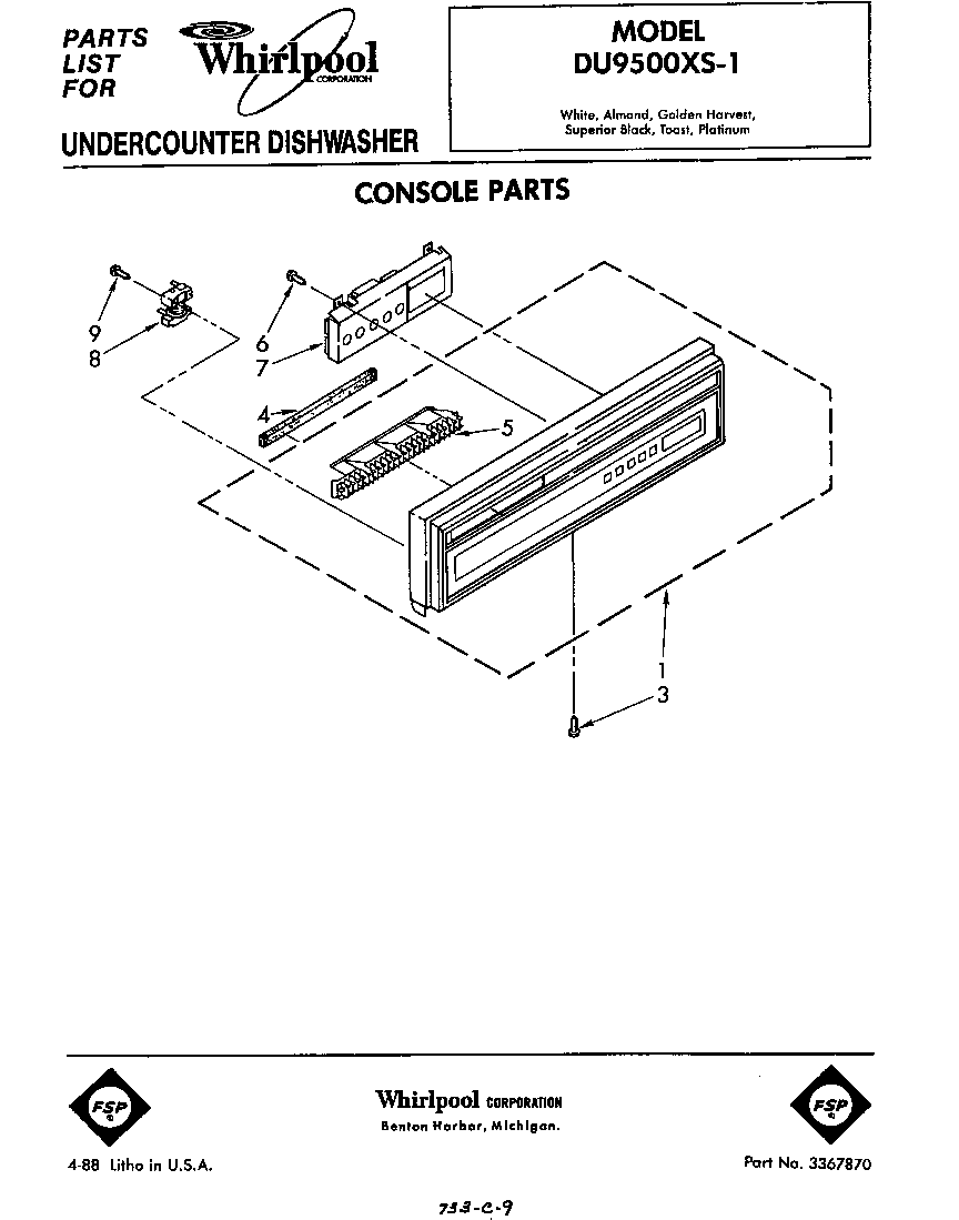 Whirlpool DU9500XS1 console diagram