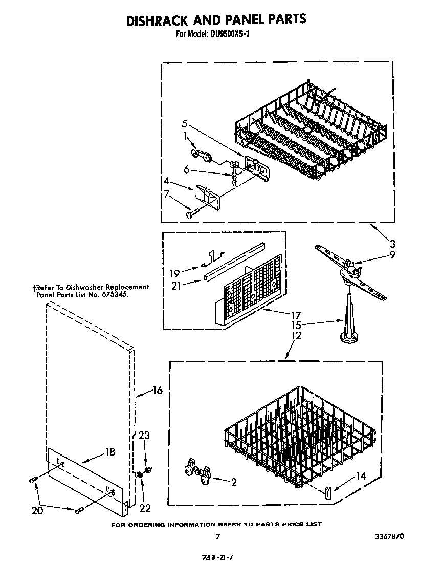 Whirlpool DU9500XS1 dishrack and panel diagram
